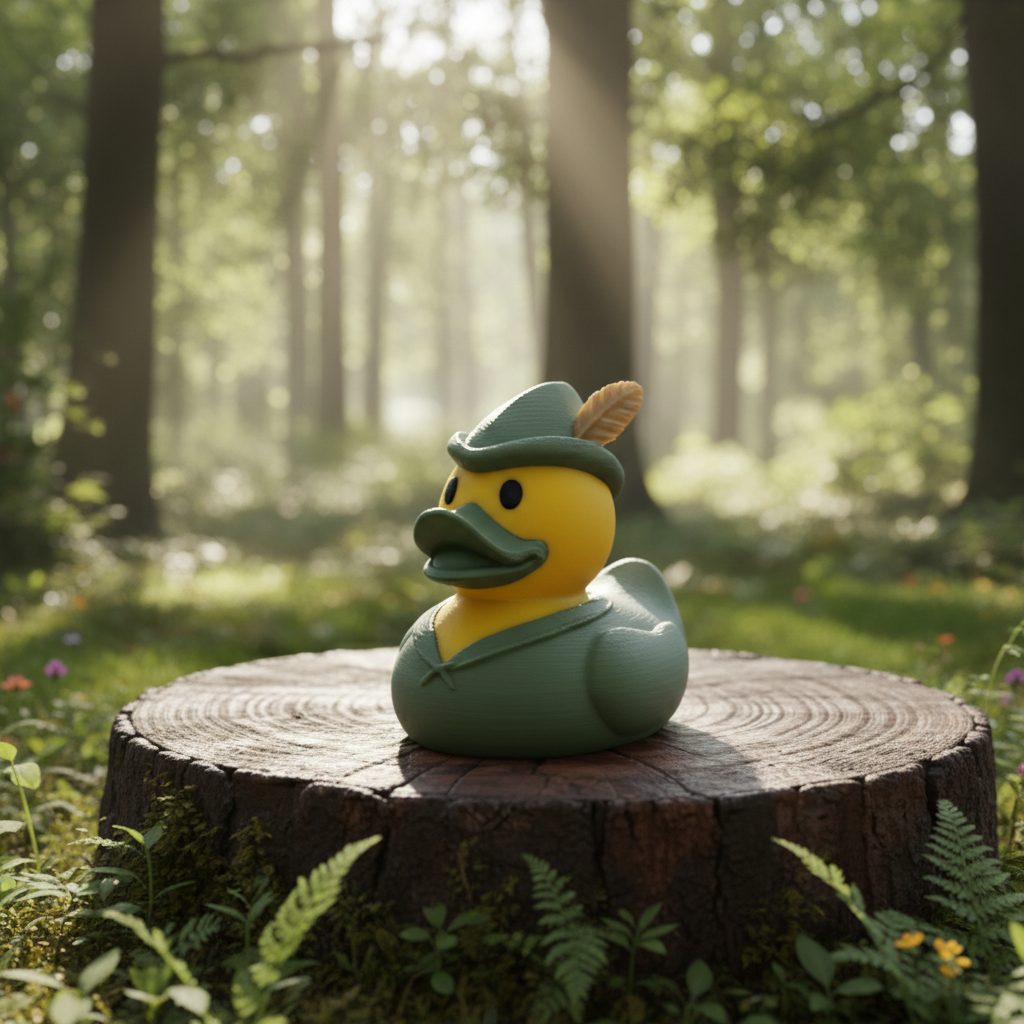 Robin Hood rubber duck with teal green tunic and feathered hat on mossy stump in enchanted forest
