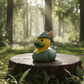Robin Hood rubber duck with teal green tunic and feathered hat on mossy stump in enchanted forest