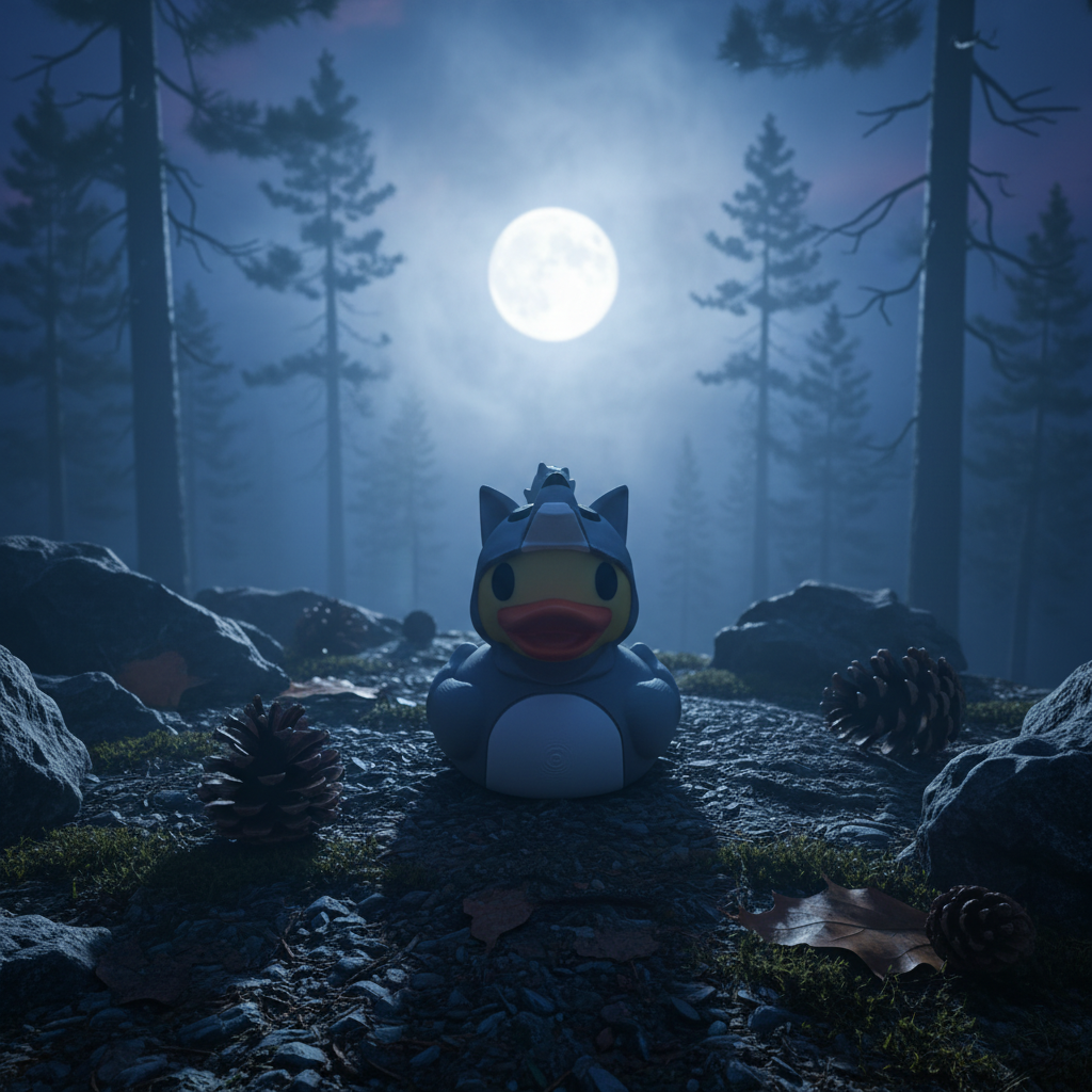 Wolf rubber duck in gray wolf costume on rocky forest floor with full moon background for Jeep ducking