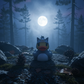 Wolf rubber duck in gray wolf costume on rocky forest floor with full moon background for Jeep ducking