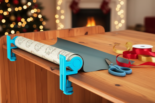 Gift wrap roll holder clamps on table with Christmas wrapping paper and scissors