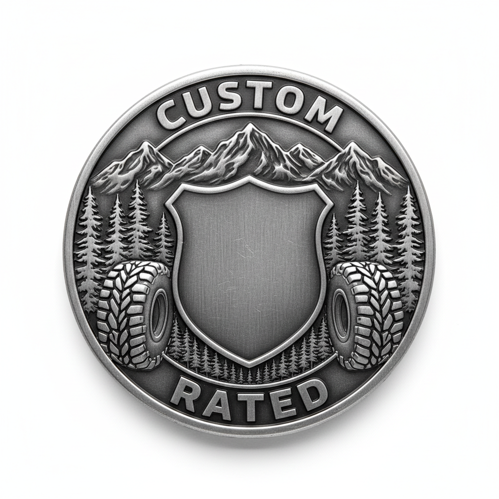 Custom Jeep Badge - gunmetal silver embossed coin style with blank center crest