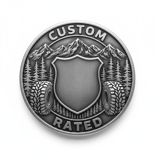 Custom Jeep Badge - gunmetal silver embossed coin style with blank center crest