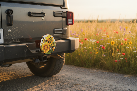 Sunflower butterfly hitch cover on Jeep rear hitch on sunny country road