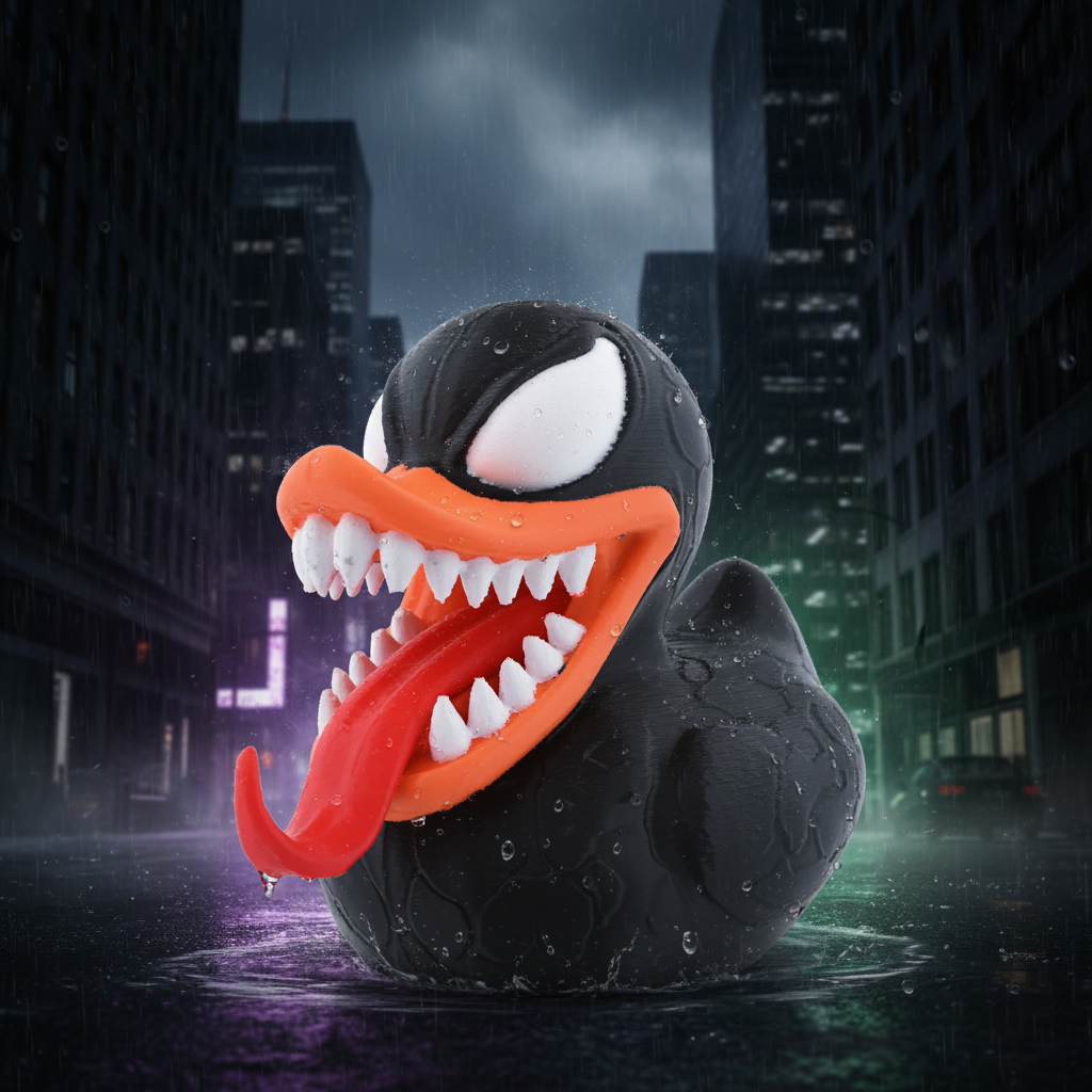 Venom symbiote rubber duck with white eyes fanged mouth and red tongue against dark rainy cityscape