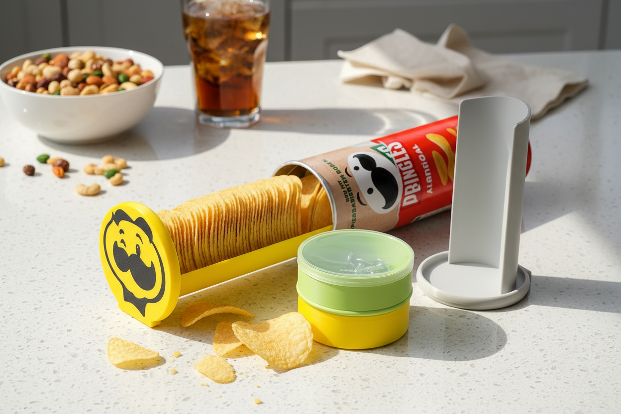 Pringles set accessories next to open Pringles can with chips