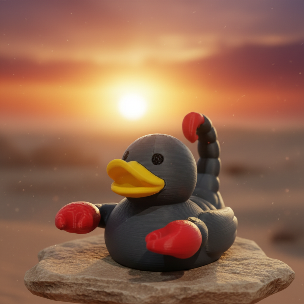 Scorpion rubber duck with red claws and tail on desert rock with golden sunset background