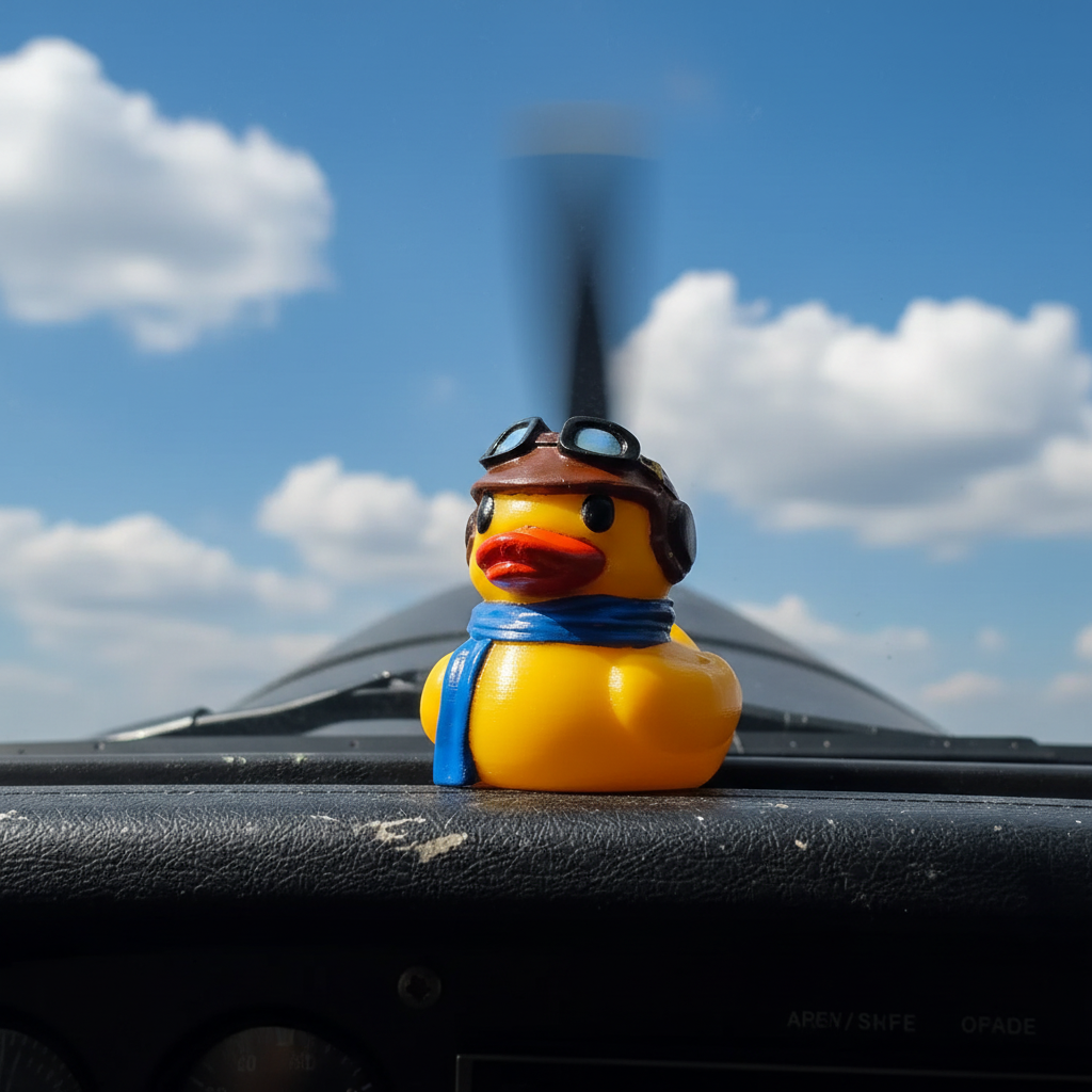 Aviator rubber duck with leather helmet blue goggles and blue scarf in vintage biplane cockpit