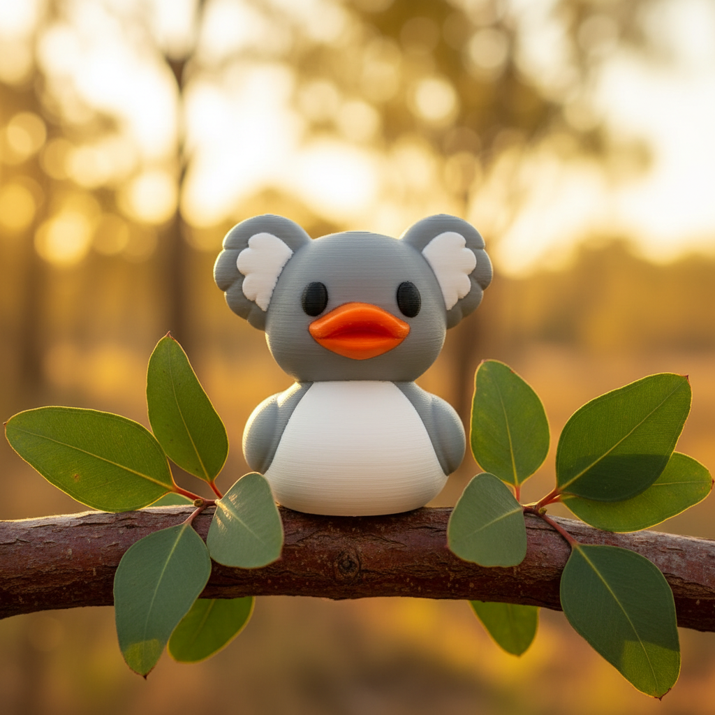 Koala rubber duck with fluffy ears on eucalyptus branch with Australian outback sunlight