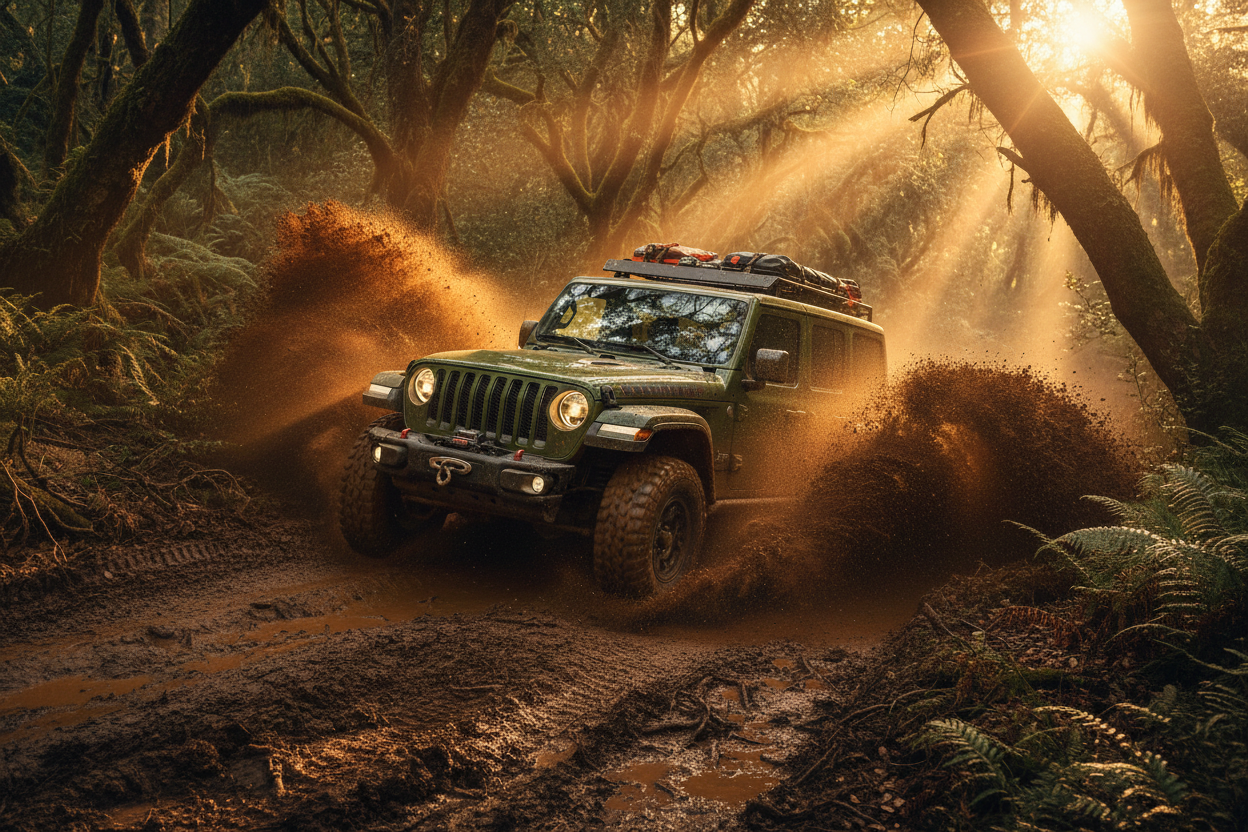 Jeep off-roading through mud