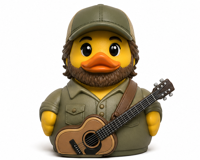 Country Folk Duck rubber duck with full beard, olive green shirt, baseball cap, and acoustic guitar
